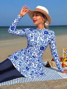 Swim Mulvari 女款兩件式白色底彩色貝殼隨機印花長袖半拉鍊修身上衣 A 字下擺洋裝與修身長褲 中東女性布基尼 - 彩色 - 查看 1