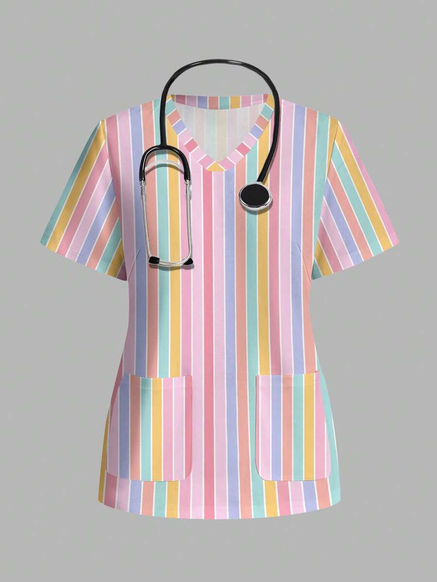 PopScrub Women's Round Neck Short Sleeve Colorful Striped Print Pattern Top - Multicolor - View 1