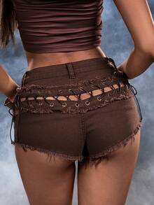 ROMWE Y2K Sexy Denim-Shorts für Damen mit Schnürung, ausgefranstem Saum und Cut-out-Rücken - Kaffeebraun - Übersicht 1