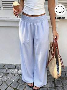 Sunnyshic Women's Spring/Summer Yellow & White Striped Straight Leg Pants With Gathered Waist, Casual Beach Vacation Stroll, Shopping, Date, Commute, Minimalist Daily Home Wear, Versatile - Blue - View 1