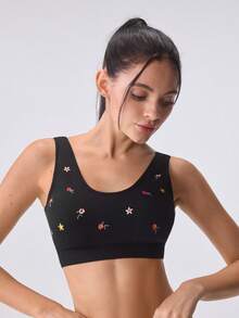 Loungeista 1pc Black Floral Embroidery U-Back Seamless Bra, Removable Pads Wire-Free Bra, Wide Strap Comfortable Daily Bra, Back Hook Breathable Sports Bra, Suitable For Daily Wear, Casual Style, Home Wear, Light Sports, Sleep Wear, All-Day Comfortable Wear - Black - View 6