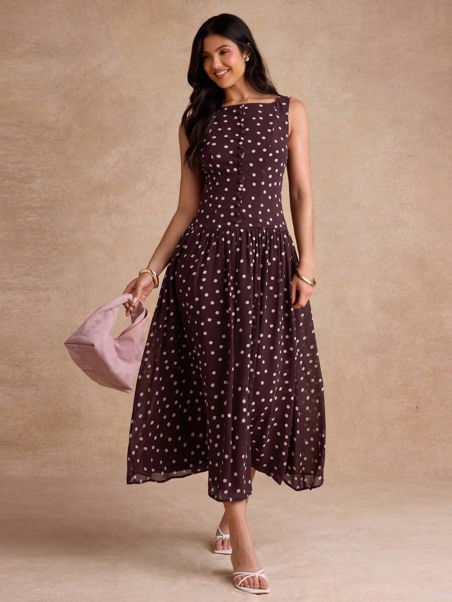 SHEIN 圓點船領喇叭裙簡約休閒日常度假洋裝