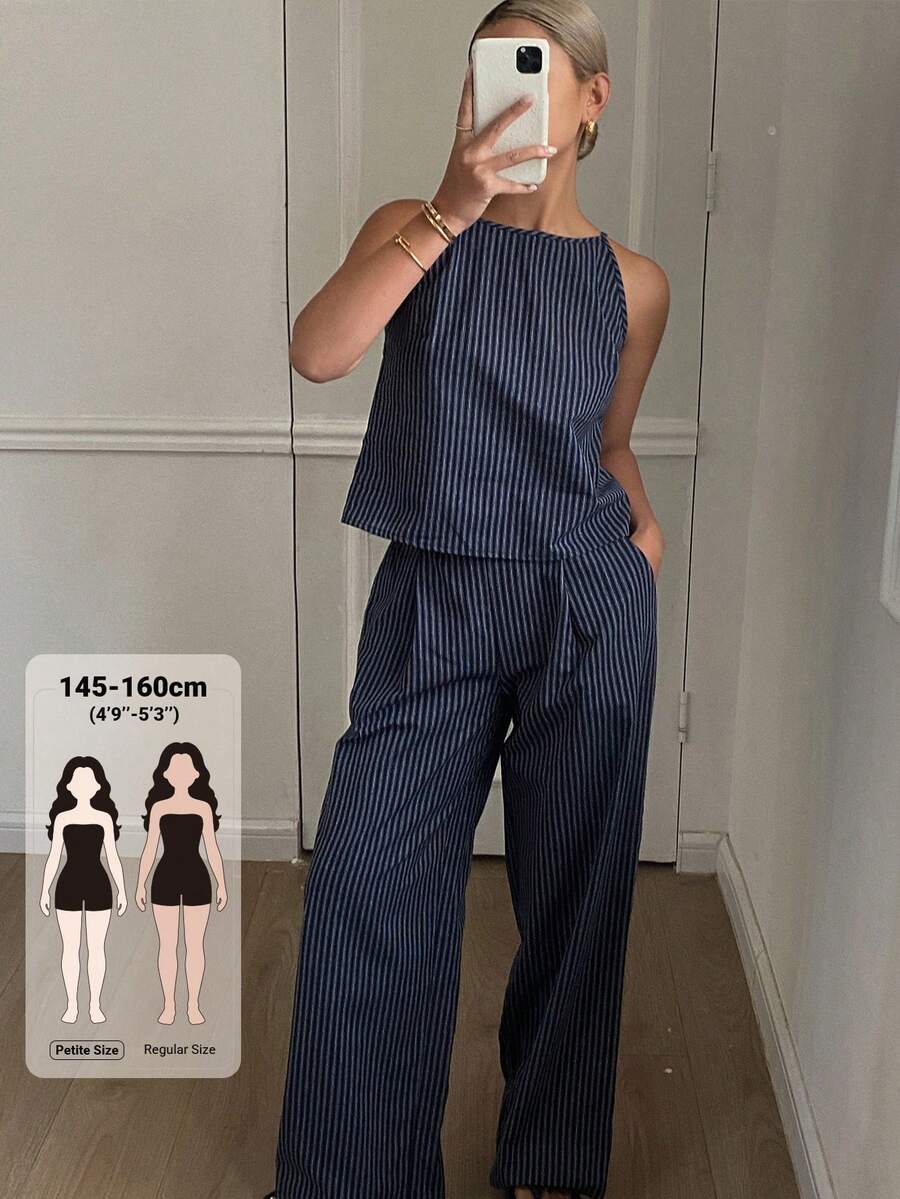 DAZY Women's Striped Tie-Up Shirt & Loose Fit Jeans Korean Style Set Petite - Blue - View 1