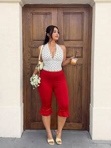 GalTyme Plus Size Women's Solid Color Slimming Fitted Frill Trim 3/4 Length Leggings - Red - View 3