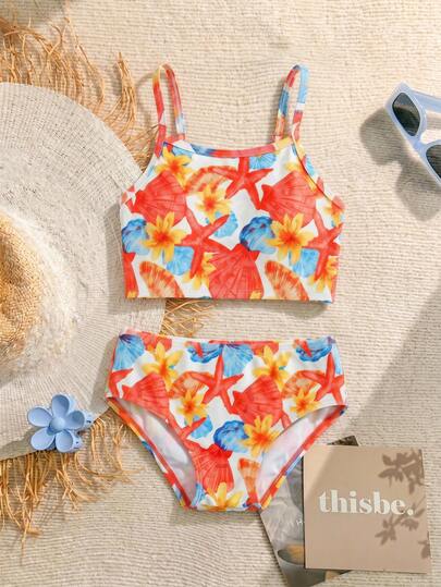 SHEIN 2pcs Young Girls Starfish,Shell & Flower Pattern Tankini Swimwear Set,Elegant Fitted Casual Summer Beach Family Vacation Holiday Pool Bathing Suit