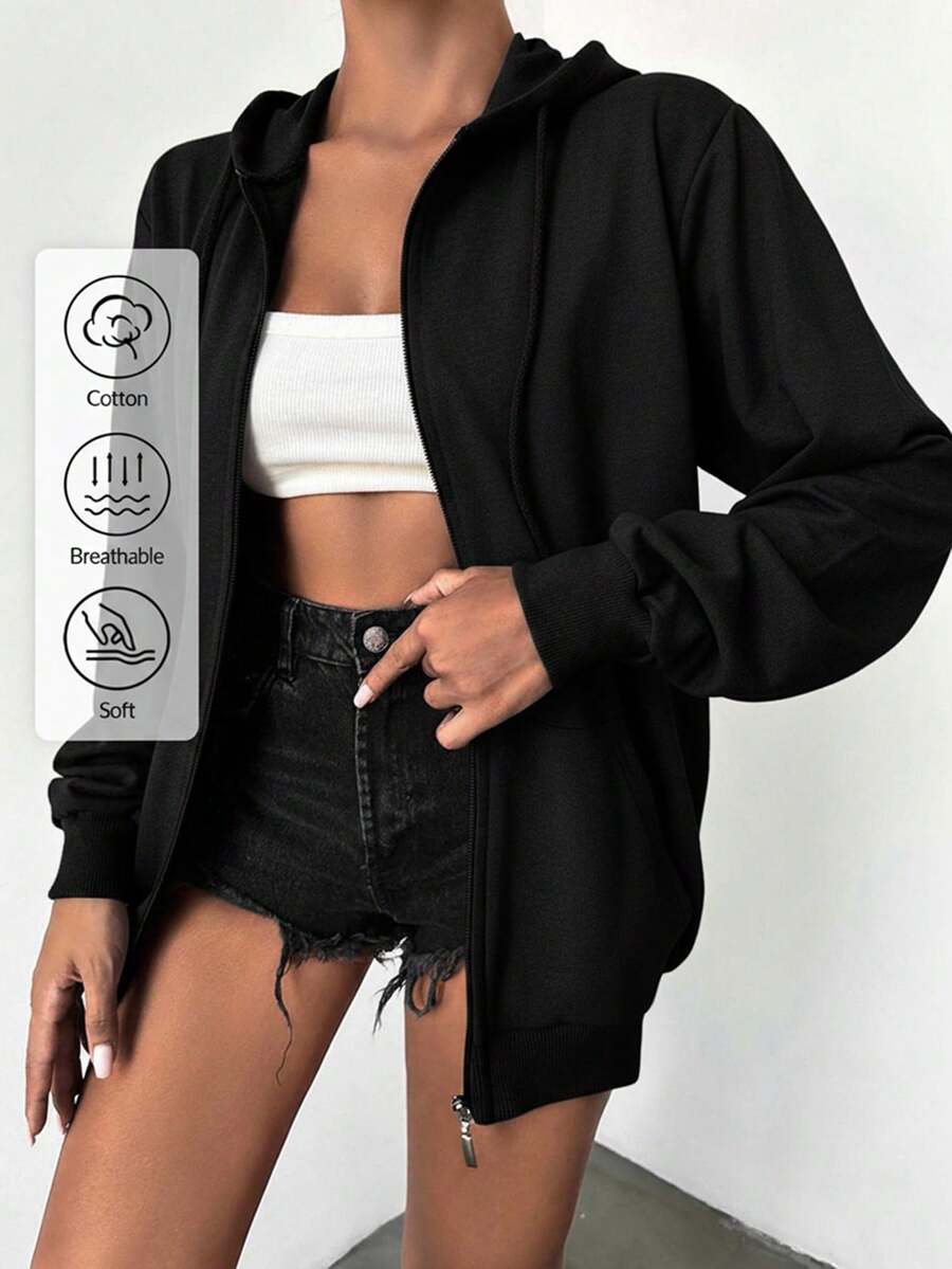 EURMUSE Plus Size 100Cotton Solid Zip Up Drawstring Sweatshirt Dates Office Black Summer Simple Normal - Black - View 1
