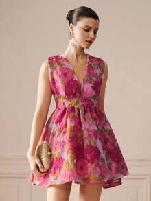 BELROSIE Women's Floral Print Pleated Casual Elegant Date Party Mini Dress Light Pink Summer - Pink - View 5