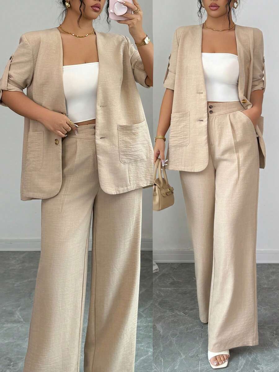 Modelyn Plus Size Women's Solid Color Rolled Hem Short Sleeve Single Breasted Jacket And Pants 2pcs Set Fall - Khaki - View 1