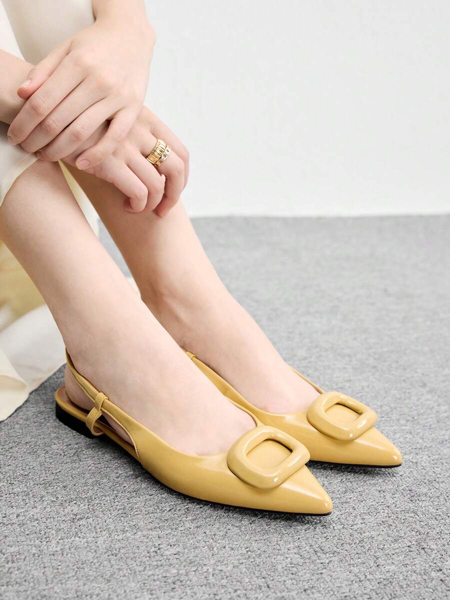 CUCCOO BIZCHIC Women's Spring And Summer Fashion And Charming Pointed Buckle Yellow PU Material Flat Shoes, Suitable For Travel, Commuting, Parties And Gatherings - Yellow - View 1