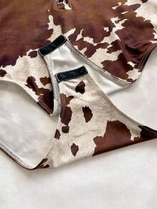 Soleia (No Chest Padding)Plus Size Cow Print Drawstring Lace-Up Cami Bodysuit - Multicolor - View 6