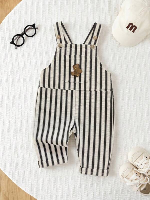SHEIN Kids Young Boys Clothing Outfit Set, Overalls, Rompers, Toddler Boys Cute Bear Towel Embroidery Black & White Textured Bubble Stripe Suspenders Jumpsuit, Comfortable Versatile Fashionable Daily Cute Casual Minimalist Basic Style, Suitable For Spring & Autumn Indoor, Outdoor Skiing, Daily, Sports, Play, Party, Festival, Halloween, Christmas, New Year