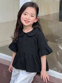 Dazy Kids 女童秋季圓領針織短袖T恤夏季上衣 - 黑色 - 查看 1
