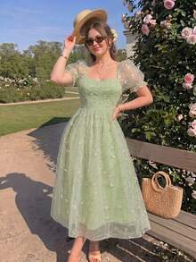 SHEIN MOD Plus Size Women's Sage Green Romantic Flapper 1920s Cottage Core Embroidered Puff Sleeve Mesh Midi Dress Vintage Court Style Old Money Vibe Wedding - Green - View 7