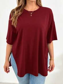 SHEIN CURVE+ 大尺碼女款酒紅色夏季休閒日常寬鬆舒適基本款下擺開衩短袖T恤 - 酒紅色 - 查看 4