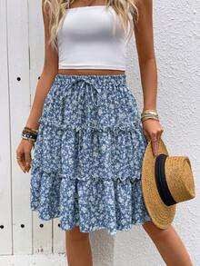 Breezaya Rok Bertingkat dengan Hiasan Rumbai Motif Bunga untuk Liburan Musim Semi/Panas - Navy Blue - View 5