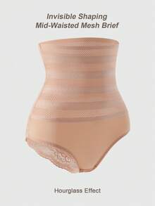 SHAPORA 1件純色蕾絲拼接高腰網紗收腹提臀塑形內褲 - 杏色 - 查看 6