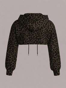 Comfortcana Sudadera corta de talla grande con estampado de leopardo vintage, otoño/invierno - Multicolor - Ver 2