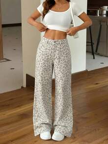 SHEIN PETITE Petite Size Women's High Waisted Grey Leopard Print Loose Wide Leg Floor Length Jeans, Vintage Street Wear Y2k Casual Everyday Night Summer - White - View 6