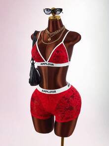 Amplova Women's Sexy 2pcs Set Contrast Lace Cropped Camisole Top And Shorts Club Night Red Summer - Multicolor - View 4