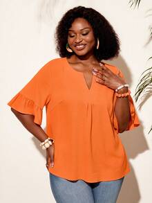 BrightlyHer Plus Size Women's Burnt Orange Notch V-Neck Ruffle Cuff Casual Traditional Shirt Summer Spring Clothing Beach Brunch Vacation Evening Outfits - Multicolor - View 6