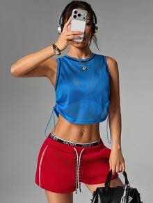 SHEIN Dewbera 時尚側抽繩短版運動背心 - 藍色 - 查看 5