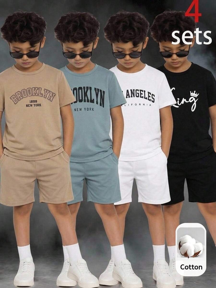 SHEIN 8pcs/Set Kaos dan Celana Pendek Kasual Longgar Bergambar Huruf untuk Anak Laki-Laki Remaja, Cocok untuk Berpergian, Sekolah, Santai Sehari-hari, Olahraga, Musim Semi/Panas
