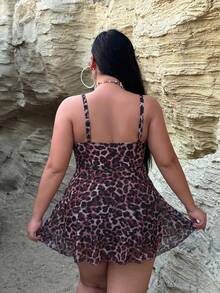 SHEIN Swim Curve 大尺碼女款夏季海灘豹紋前打結細肩帶一件式泳衣 - 彩色 - 查看 6