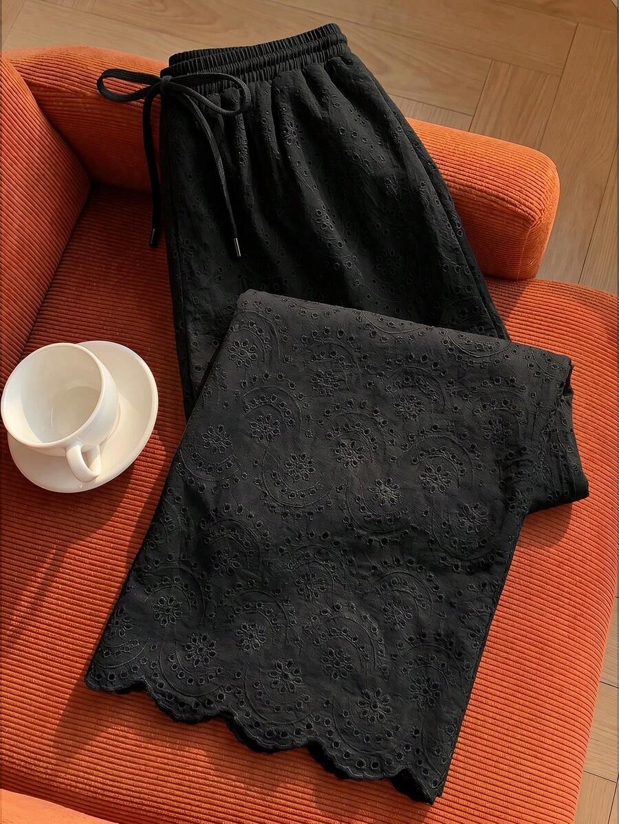Comfortcana 大尺碼春夏刺繡白色寬鬆長褲 - 黑色 - 查看 1
