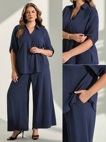 Chikora Plus Size Summer Blue Open Front Two Pieces Set, Blue Two Pieces Set, Office Wear, Suitable For Multiple Occasions, Textured Fabric - Blue - View 2