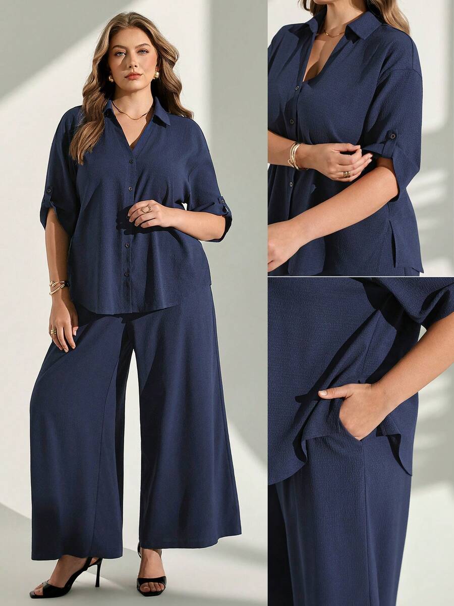 Chikora Plus Size Summer Blue Open Front Two Pieces Set, Blue Two Pieces Set, Office Wear, Suitable For Multiple Occasions, Textured Fabric