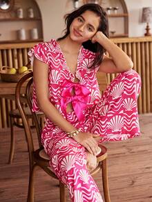 Lullawish Conjunto de pijama de mujer con estampado de ondas de agua y conchas estilo bohemio, efecto burbuja y arrugado - Multicolor - Ver 6