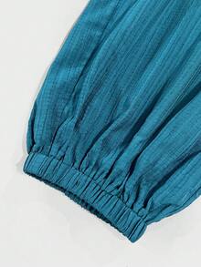 Ceyna Plus Size Women's Autumn New Long Pants, Cuffed Hem, Textured Knit Fabric, Waistband Patchwork, Thin Harem Pants, Loose Fit, Beach Dusty Blue Boho - Teal Blue - View 9