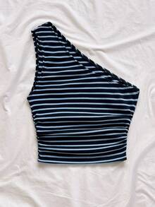 Soleia Sexy Casual One Shoulder Ruched Striped Sleeveless Top No Chest Padding - Multicolor - View 2