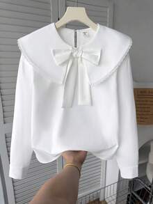 SHEIN 兒童青少年女孩春秋彼得潘領 3D 蝴蝶結長袖寬鬆白色襯衫上衣 百搭清新學院風小眾法式荷葉邊開學校服童裝秋冬套裝 - 白色 - 查看 7