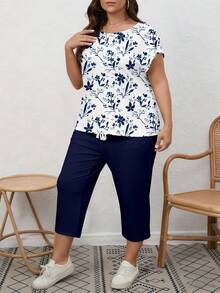 EMERY ROSE Casual Romantic Blue Floral Print Plus Size 2 Pieces Set, Suitable For Summer - Multicolor - View 4