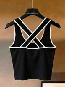 Franclia 女士优雅休闲性感Y2K风格黑白撞色拼接缎带装饰，适合休闲、度假、运动等场合，多功能交叉短款针织罗纹背心，夏季 - 黑色 - 查看 2