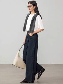 DAZY Women's Retro Korean Style Casual Loose Pocket Wide Leg Jeans Petite - Blue - View 2