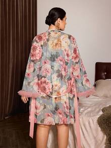Slumberist Plus Size Fishbone Waist Design Lace Patchwork Camisole Nightgown And Flare Long Sleeve Floral Print Mesh Robe Set - Multicolor - View 2