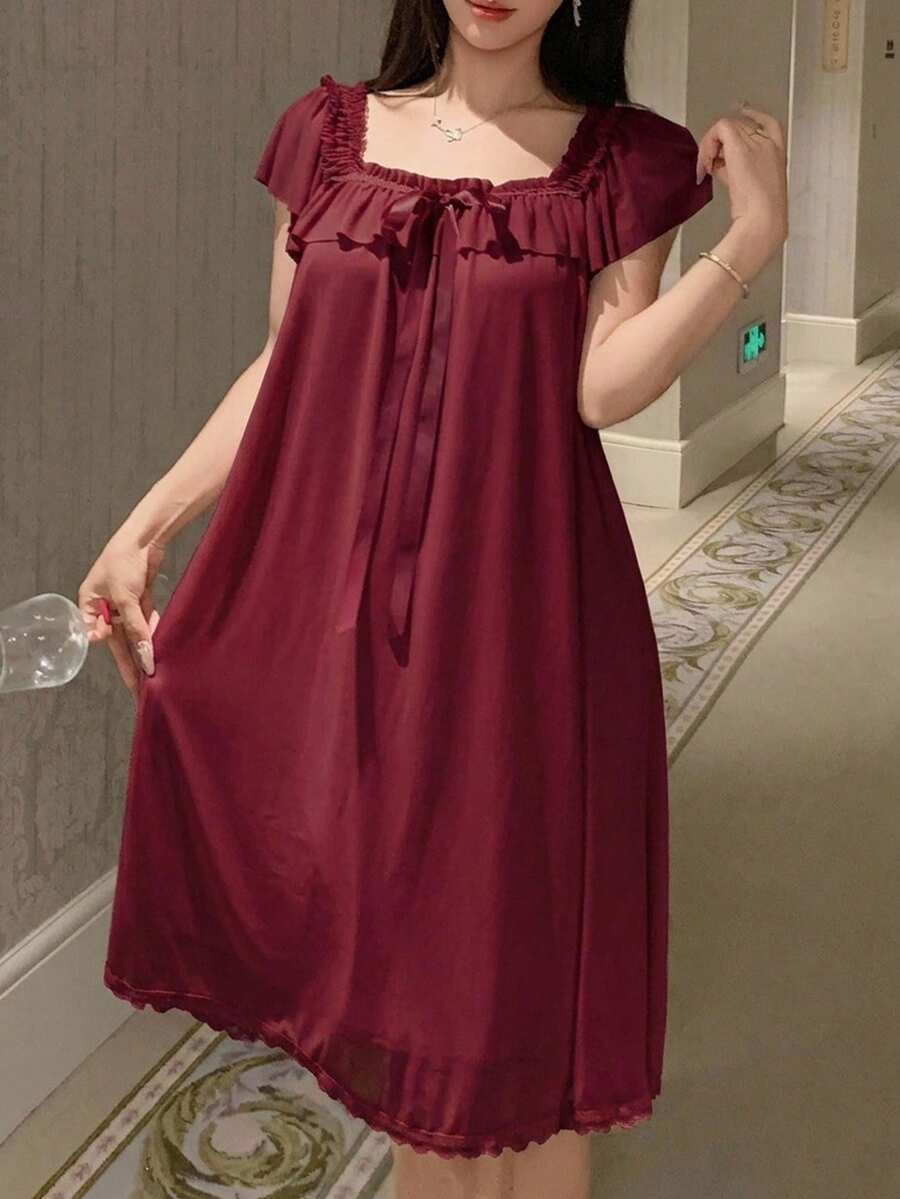 DAZY 甜美輕盈荷葉邊網紗短洋裝夏季女款睡裙 - 酒紅色 - 查看 1