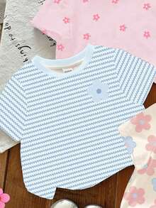 SHEIN LMoss Kids 3件組可愛花卉藍色蝴蝶夏季女童服裝套裝，圓領短袖T恤，藍色條紋，粉色休閒童裝 - 彩色 - 查看 3