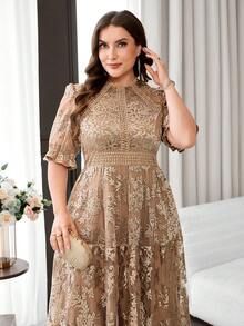 Reflora Plus Size Women's White Lace Midi Summer Dress Elegant Short Sleeve Dress - Champagne - View 4