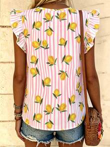 EMERY ROSE Women's Vacation Striped Fruit Print V-Neck Flutter Sleeve Blouse - Multicolor - View 2