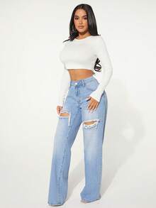 SHEIN PETITE 女款休閒水洗磨損直筒牛仔褲 - 藍色 - 查看 6