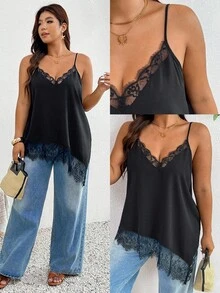 SHEIN Frenchy 大尺碼夏季性感蕾絲拼接不對稱下擺細肩帶背心 - 黑色 - 查看 7