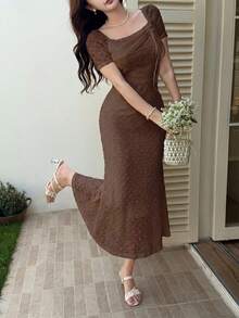 Feyla Women's Summer Elegant Solid Color Textured Mid-Length Dress - Coffee Brown - View 4