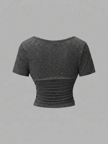 EMERY ROSE Women's Summer Solid Color Overlapping V-Neck Short Sleeve Fitted Casual Holiday Cropped T-Shirt - Dark Grey - View 2