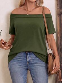 EMERY ROSE Plus Size Women Solid Color Off-Shoulder Casual Versatile Daily Wear T-Shirt - Army Green - View 4