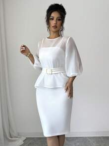 Balvessa Conjunto de 2 piezas para mujer primavera/verano elegante blanco de gasa transparente con top de manga abullonada y vestido midi ajustado con tirantes finos - Blanco - Ver 5