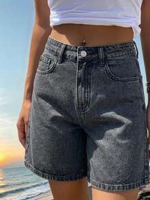 DAZY Women's Casual Versatile Daily Denim Shorts With Pocket And Button Summer - Black - View 6