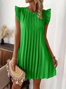 EMERY ROSE Women's Solid Color Round Neck Flutter Sleeve Pleated Casual Vacation Dress - Green - View 5